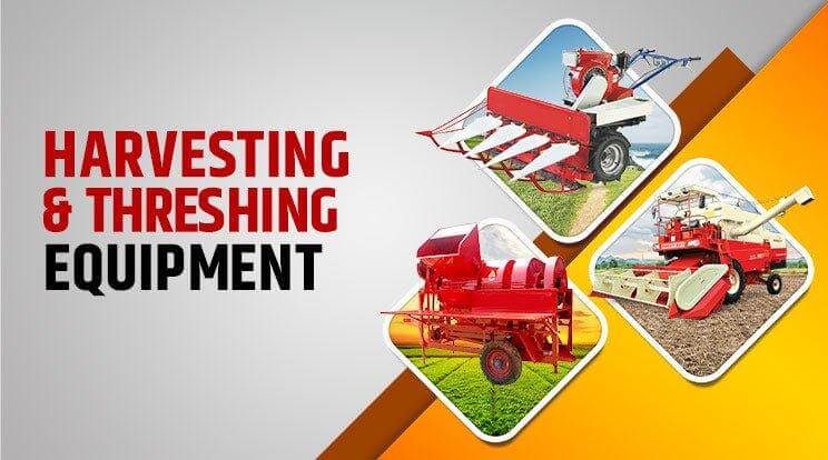 Image showcasing various harvesting and threshing equipment with vibrant graphics and bold text.