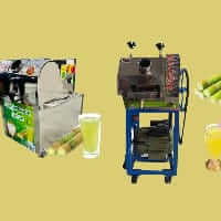 Image showcasing various sugarcane juicer machines with a yellow background.