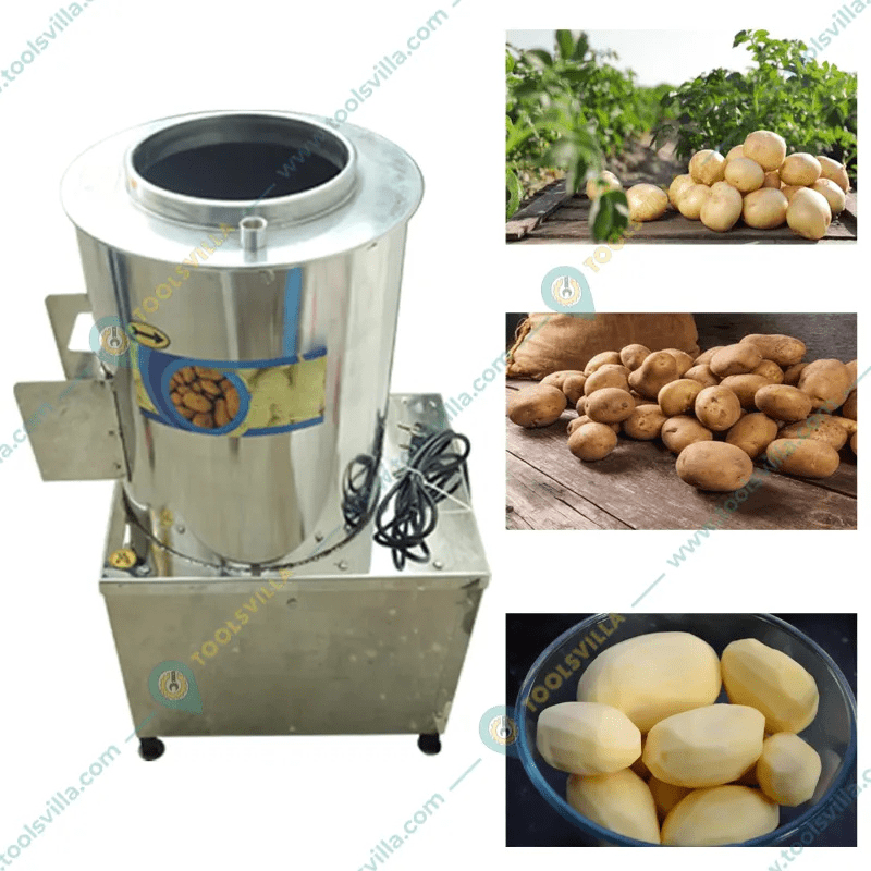 Commercial potato peeler with 10 kg drum, designed for efficient and hygienic peeling operations.
