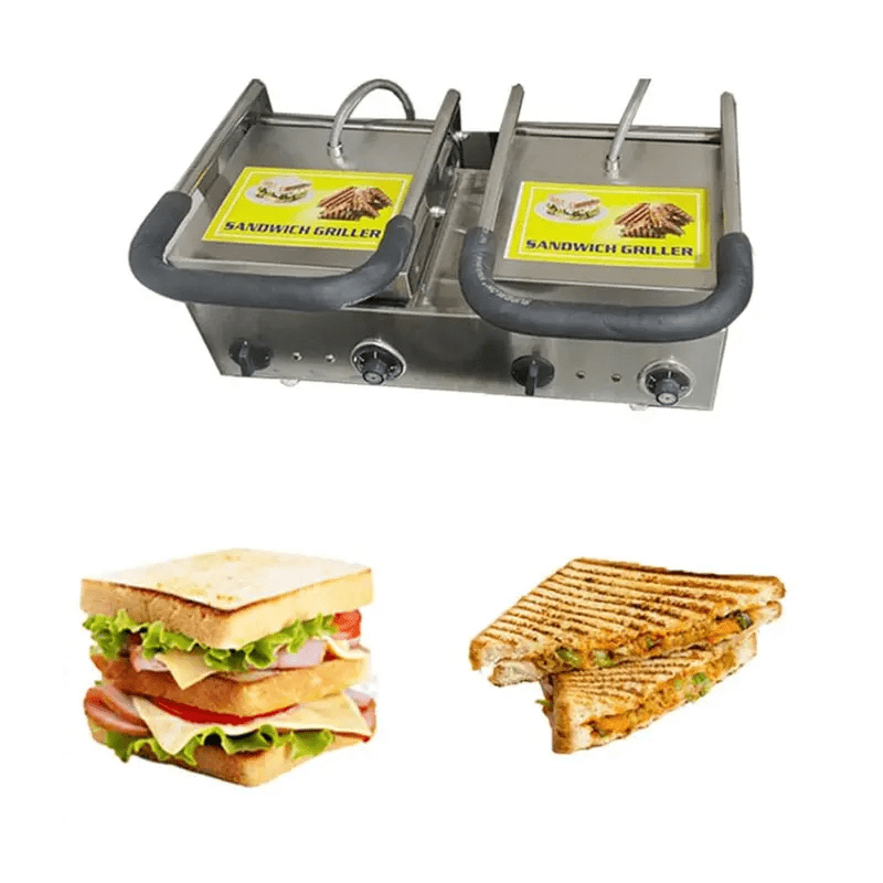 Commercial Double Plate Sandwich Griller with Sample Grilled Sandwich Display.
