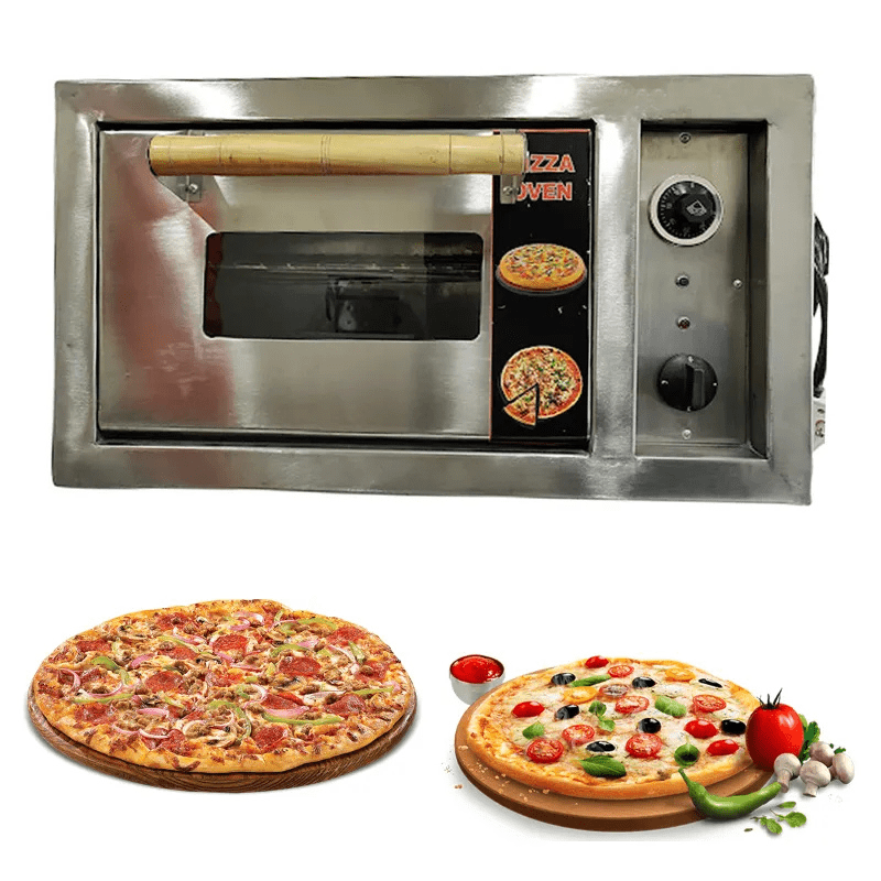 1. Front view of electric pizza oven 10x16 with bamboo handle, temperature control knob, and stainless steel finish – ideal for home and commercial use.