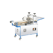High-efficiency Panipuri forming machine in white and blue frame, showing rolling, cutting, and belt mechanism for mass dough shaping.
