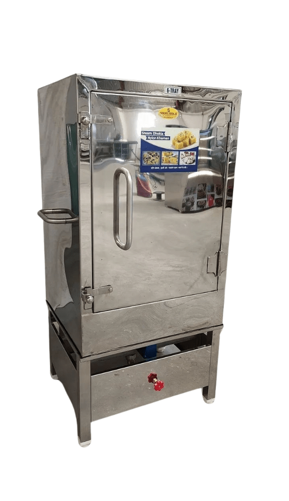 Close-up of 6 Tray Nylon Khaman Steamer with polished body – ideal for food businesses and caterers.