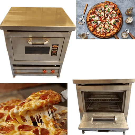 Front view of 12x18 gas-operated pizza oven with dual knobs and compact stainless steel body.