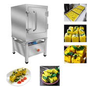 Dhokla Steamer with 6 Tray capacity shown alongside prepared dhokla images – perfect for restaurants and food businesses.