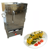 12 Tray Dhokla Machine shown beside a plate of freshly steamed dhokla – perfect for restaurants, caterers, and halwai shops.
