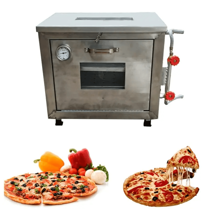 Side angle of gas pizza oven showing gas pipe fittings and stainless steel finish – ideal for restaurants.