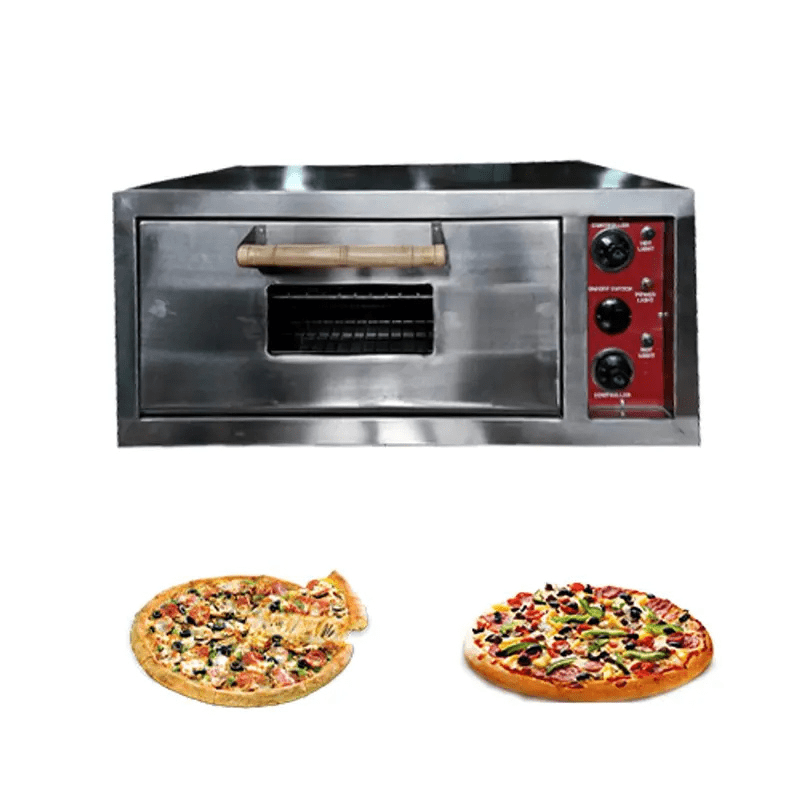 Front view of 18x24 Electric Pizza Oven with wooden handle, red control knobs, and sample pizzas.