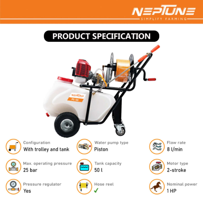 Neptune PS-50 sprayer with 30-meter hose for farming use
