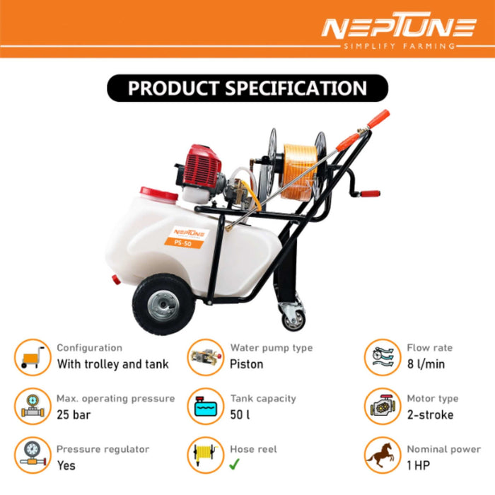 Neptune PS-50 sprayer with 30-meter hose for farming use