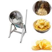  Tilting masala coating machine for potato chips, showing internal mixing view and final product.