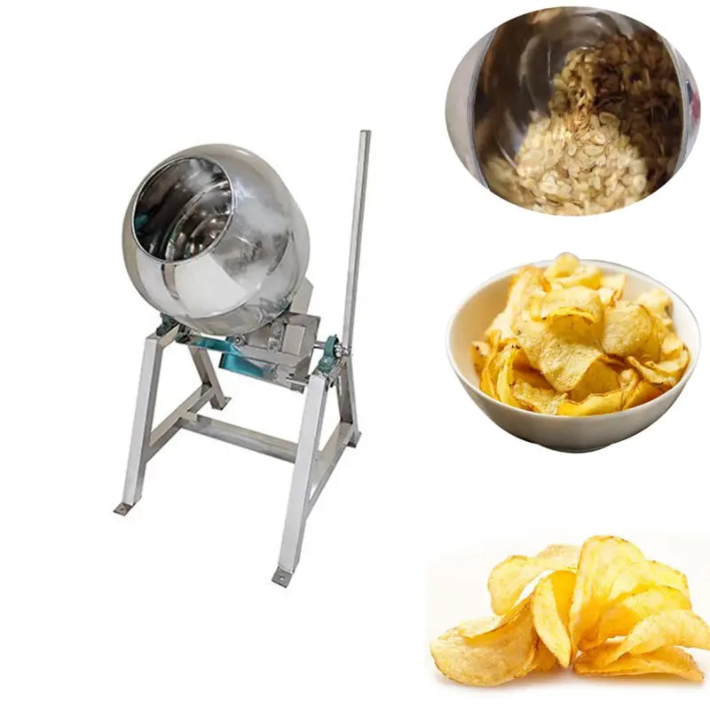  Tilting masala coating machine for potato chips, showing internal mixing view and final product.