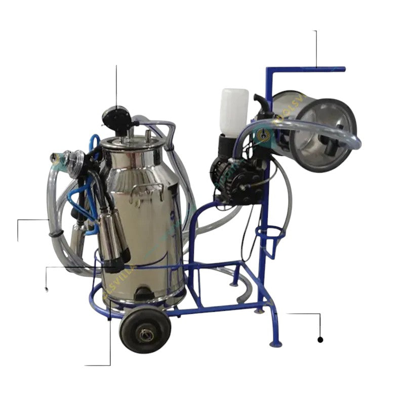 Close-up view of milking machine’s suction unit and teat cups connected to the vacuum pulsator – designed for safe and gentle milk extraction from cows
