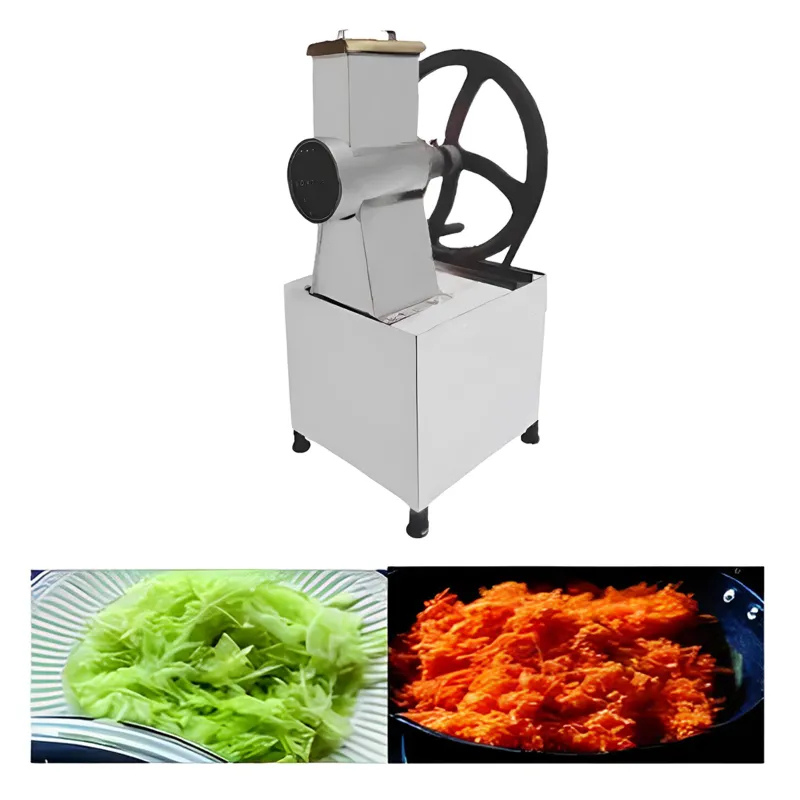 Kadukas Machine next to grated vegetable output – shredded cabbage and carrot for commercial use.