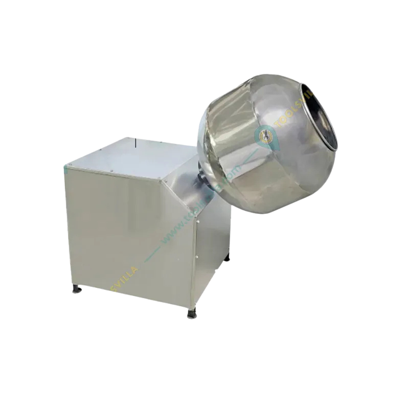 Heavy-duty Leenova 1HP flavouring and coating machine with polished rotating pan and sturdy base.