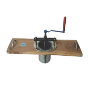 Clear view of the Hand Sev Machine showing its robust construction, hand crank mechanism, and stainless steel output chamber.