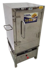 Close-up front view of Steam Dhokla Machine 8 Tray with labeled image sticker and durable metal door.