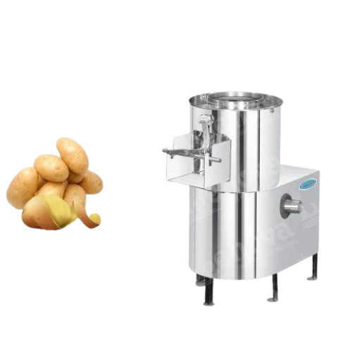 Shiny stainless steel body shown beside peeled potatoes; ideal for restaurants and food units.