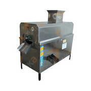 Fully automatic mango pulp machine in action with fresh mangoes and pulp output.