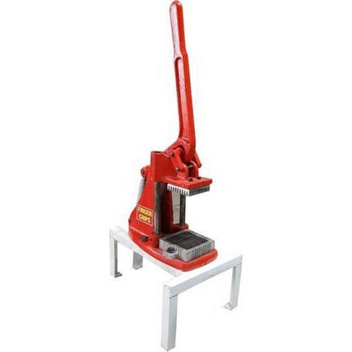 Finger Chips Machine Casting – Heavy-duty red cast iron body with long lever and mounted on a metal stand, designed for cutting uniform potato fingers efficiently in commercial kitchens.