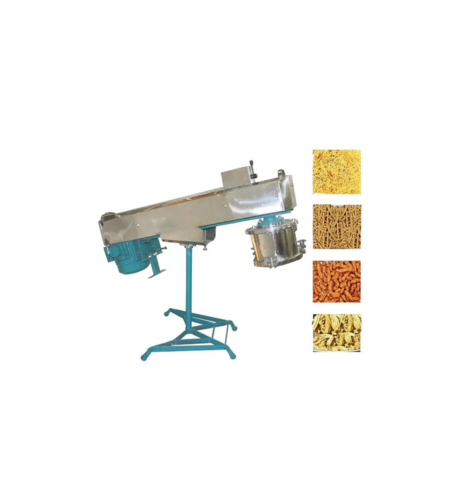 Farsan Machine 7" with stainless steel body and mounted cutting drum, shown alongside various types of farsan snacks it can produce.
