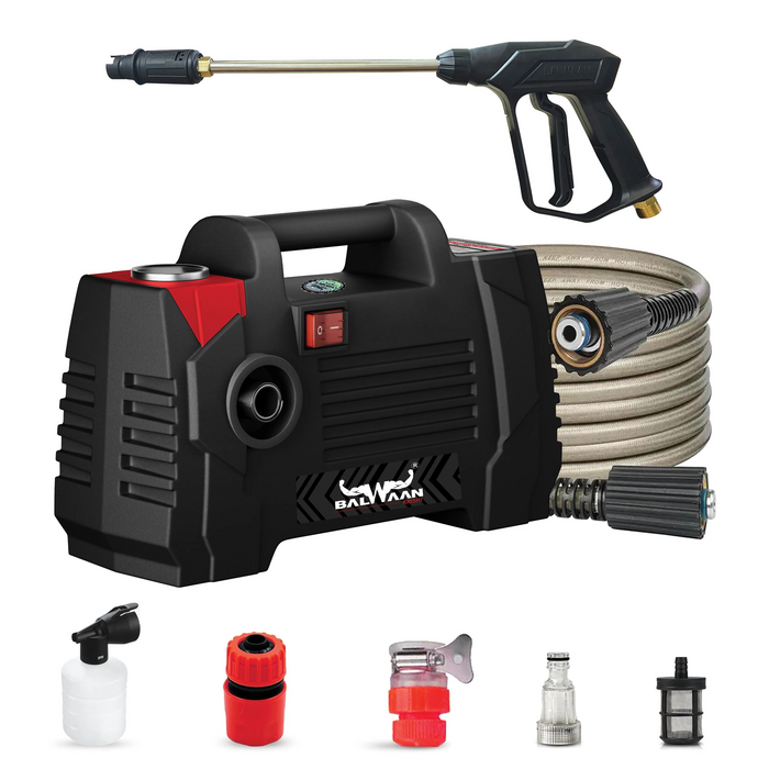 Balwaan Pressure Washer PW-250 displayed with hose pipe, spray gun, and multiple nozzle attachments for versatile cleaning applications.