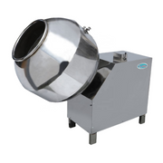 High-polish stainless steel flavouring pan machine with tilted drum and 0.5 HP motor, designed for snack industries.