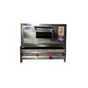 Front view of 18x24 stainless steel gas pizza oven with label and ergonomic handle – suitable for 10+ pizzas.