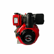 Front view of GeeNex diesel engine with 296cc displacement, featuring a black recoil starter, cylindrical air filter, and red fuel tank displaying quick start guide instructions.