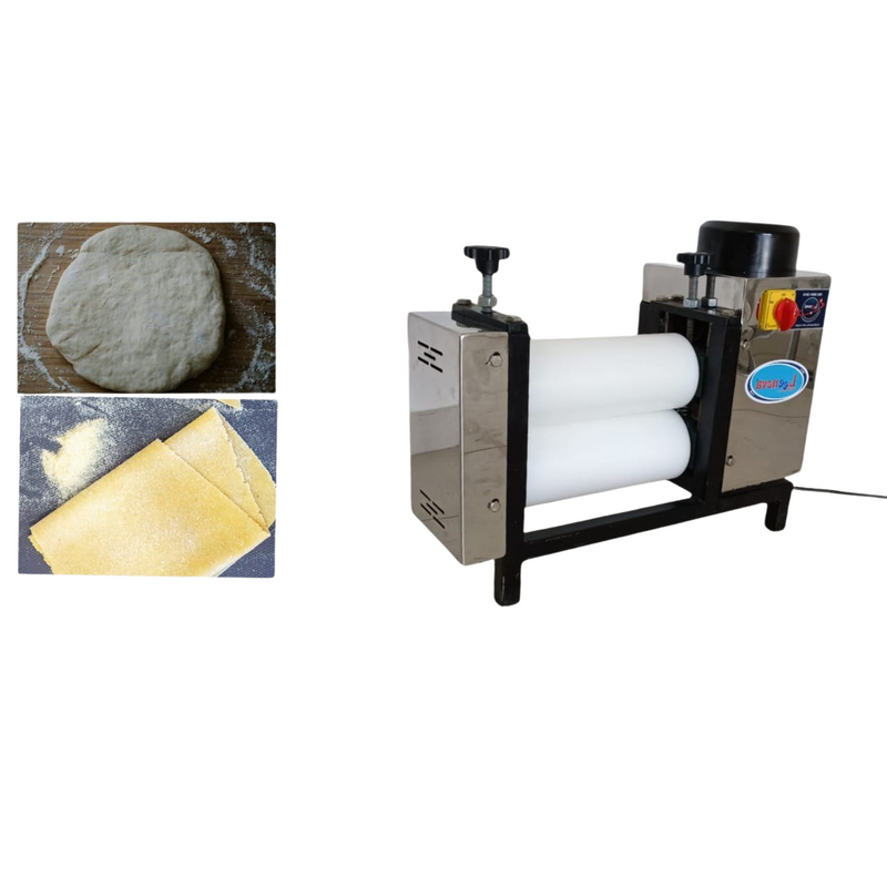 Samosa Patti Machine alongside dough and rolled sheets – demonstrating usage for making perfect samosa or spring roll patti at high speed.