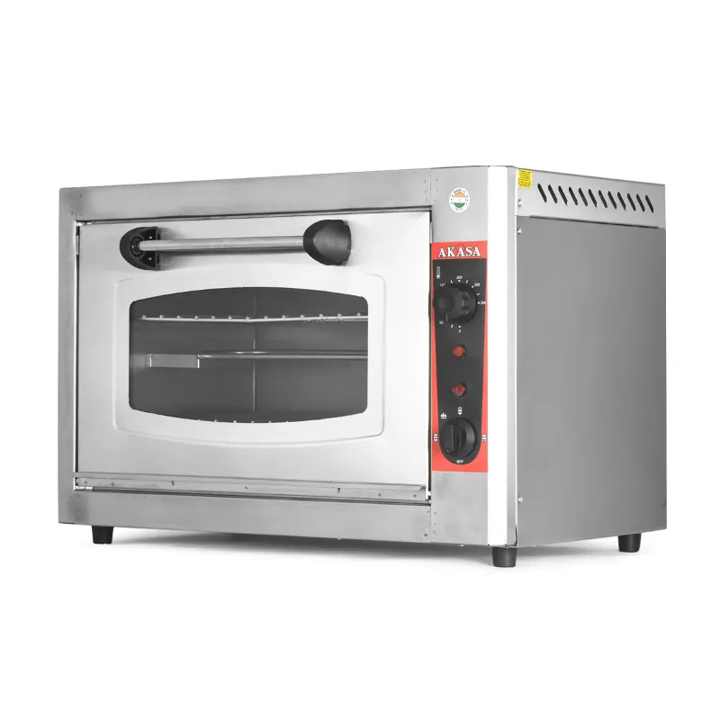 Electric pizza oven 12x18 with curved viewing window, dual thermostat controls, and stainless steel finish – ideal for commercial kitchens.