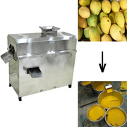 Commercial mango pulp machine in operation showing process from mango input to fresh pulp collection.