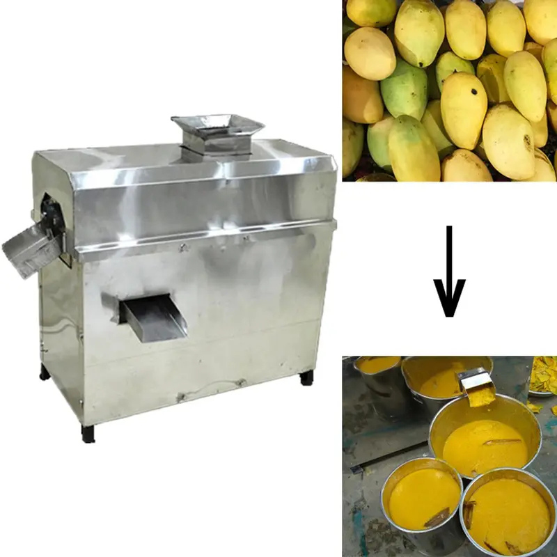 Commercial mango pulp machine in operation showing process from mango input to fresh pulp collection.
