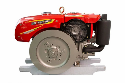 Side view of GeeNex GN-140 DI diesel engine featuring a red metallic body, visible flywheel, and cooling fan assembly.