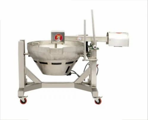 Side view of 2-feet halwa machine with durable frame, lifting handle, and wheel support for easy mobility.