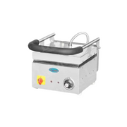 Side View of Commercial Sandwich Griller with Sturdy Handle and Dual Indicator Lights.