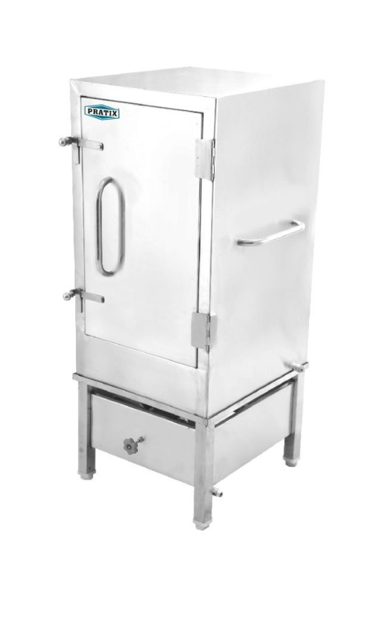 Front and side view of 10 Tray Dhokla Machine in white matte finish with durable handle and lower water chamber.