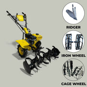 Power Weeder 7hp Petrol Engine With 3 Attachments Ridger, Iron Wheel & Cage Wheel