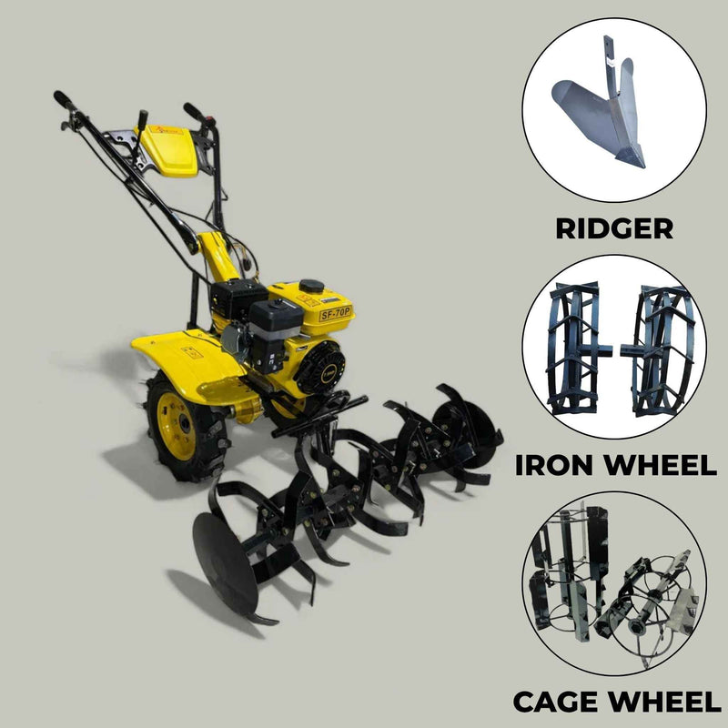 Power Weeder 7hp Petrol Engine With 3 Attachments Ridger, Iron Wheel & Cage Wheel