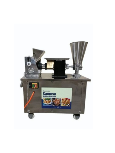 Front view of compact automatic samosa machine with control panel and stainless steel body.
