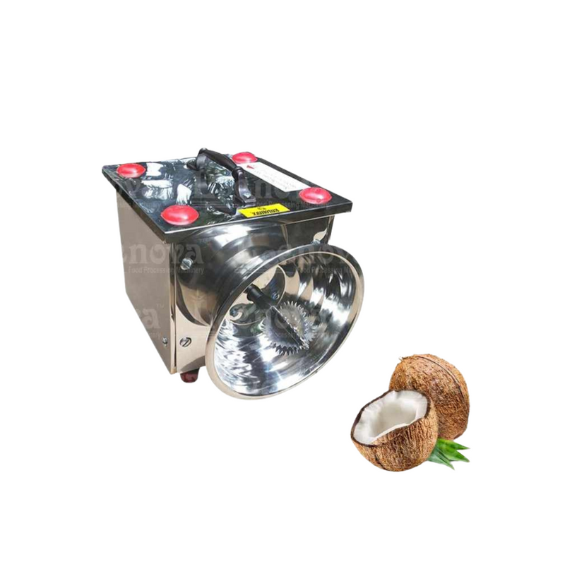 Stainless Steel Coconut Scrapper with a scrapping blade and fresh coconuts placed beside, indicating its intended use.