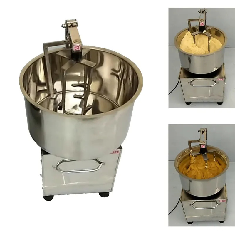 20 KG Besan Mixing Machine Flower Type – shown in idle, flour-filled, and mixing stages for commercial food preparation.