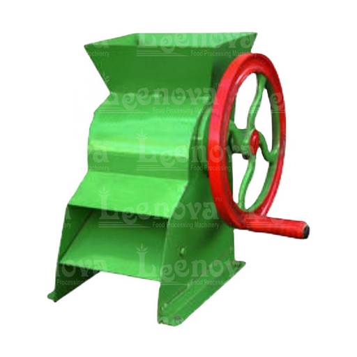 Close-up angled shot of Ice Tukda Machine Small with red rotary handle and large top ice inlet, suitable for restaurants and juice centers.