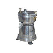Side angle of stainless steel carrot juicing machine on rubber base supports.