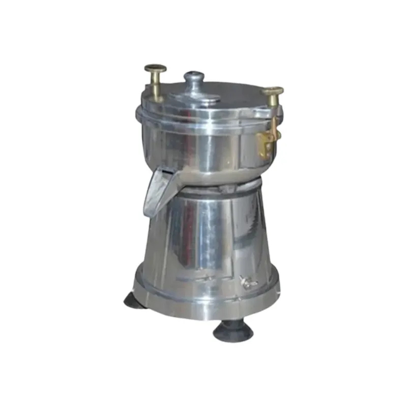 Side angle of stainless steel carrot juicing machine on rubber base supports.