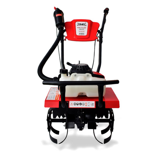 Front view of Balwaan BW-25 Mini Tiller with sturdy handlebar, fuel tank, and heavy-duty blades – compact petrol-powered tiller for home and small farm use.