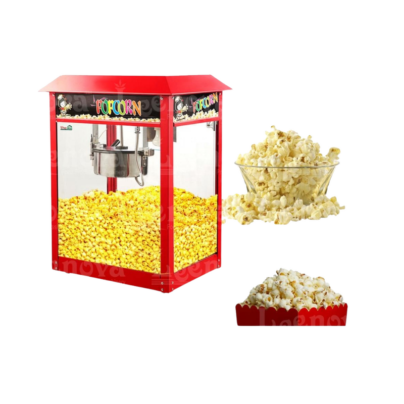 Commercial Popcorn Machine (Gas) – Attractive red housing with large viewing windows and serving of freshly popped popcorn.
