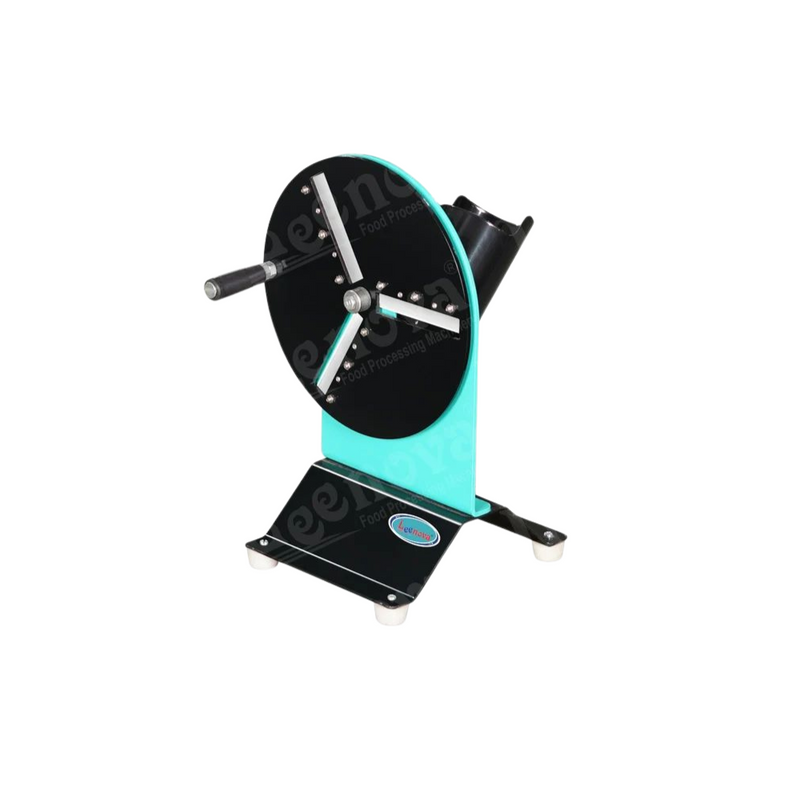 Side view of the Manual Salad Cutting Machine with a hand crank and sharp cutting blades mounted on a stable base.