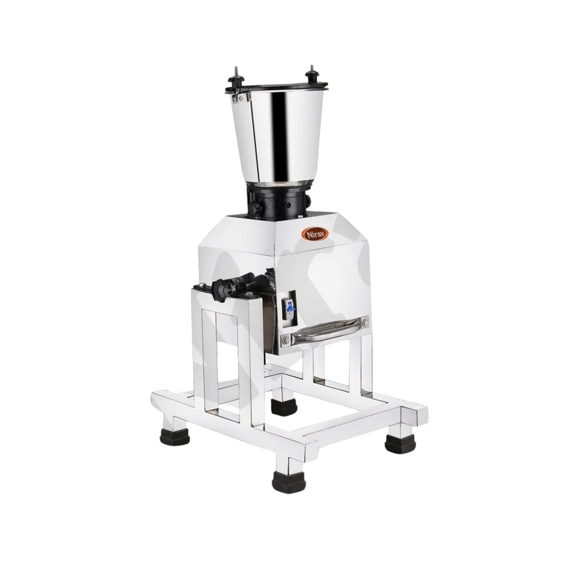 Angled side view of 5 Ltr Mixer Grinder – robust stainless steel body for heavy-duty use.