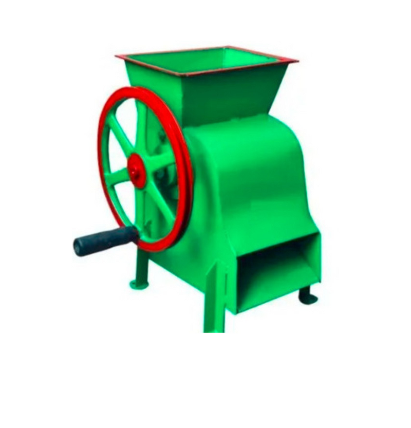 Angled view of Ice Tukda Machine Big with green body and red flywheel, designed for manual ice crushing.